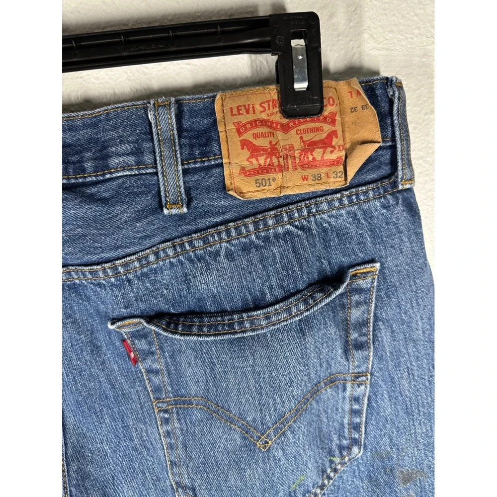 Levi's Jeans Men 38x32 Blue 501 Original Fit Straight Leg Paint Splatter‎ Denim